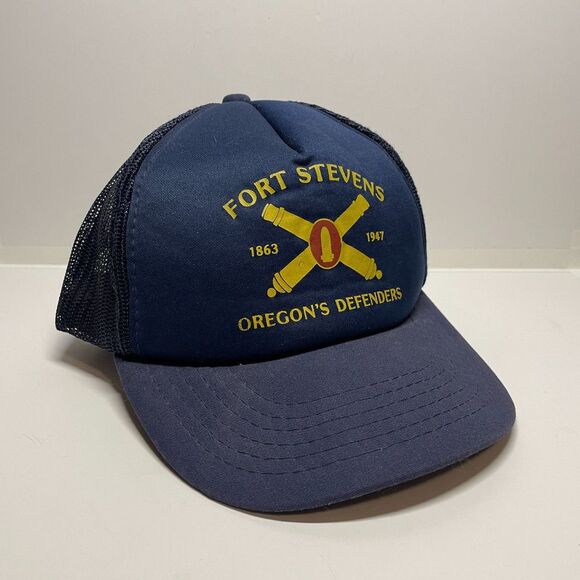 Vintage Fort Stevens Trucker Hat Snap Back Navy Blue Yellow Oregon Adjustable - Picture 1 of 8